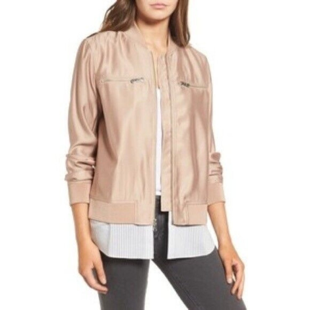 Trouve Layered Look Bomber Jacket S Small Zip Up Tan White Contrast Stripe Shirt